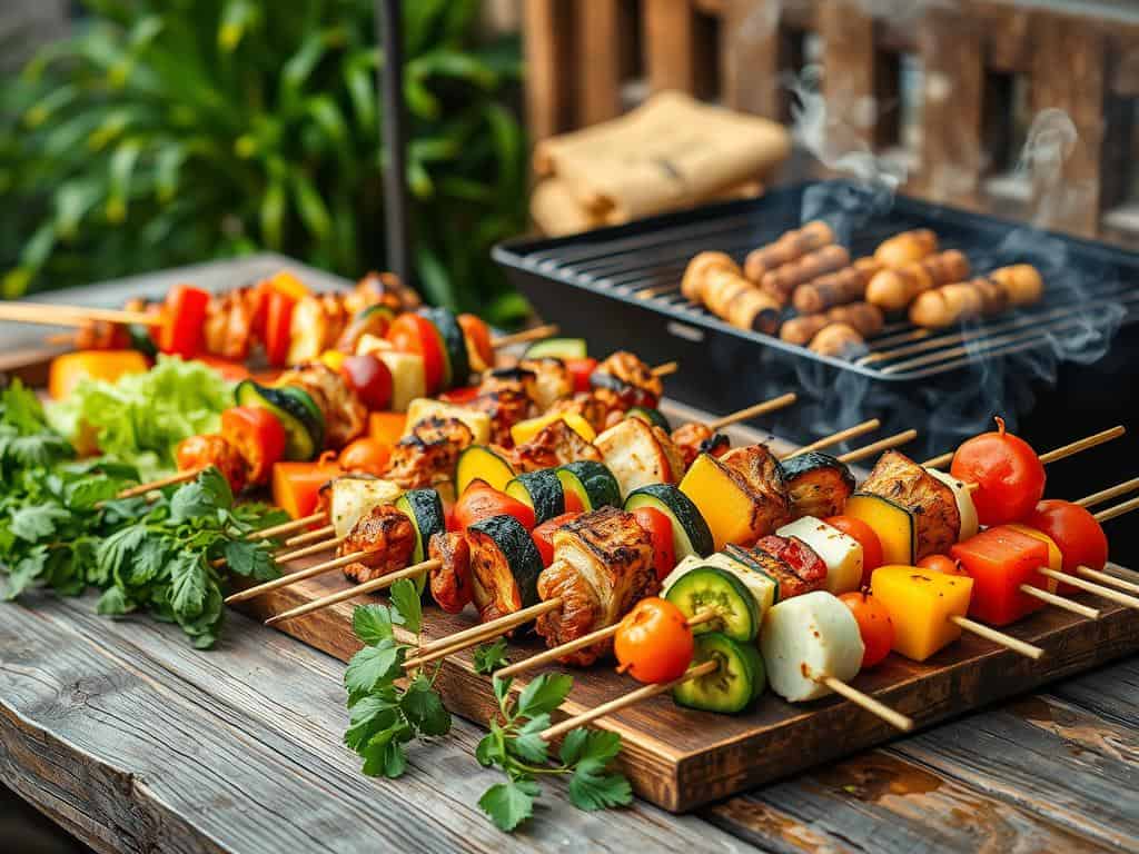 BBQ recipes showing grilled vegetables and skewers