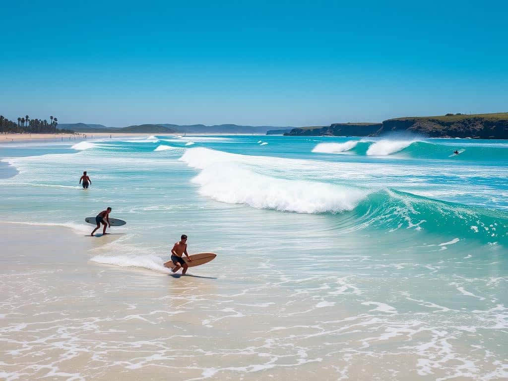 Beginner surfing and advanced surfers training together