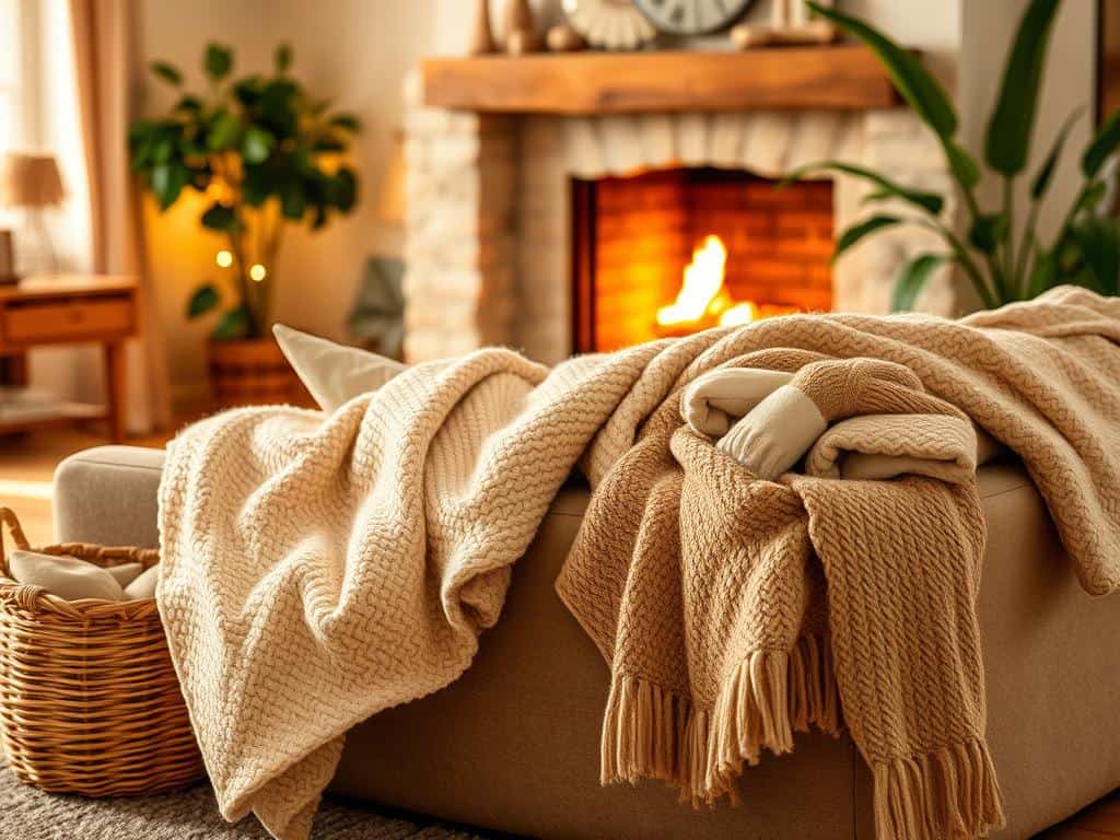 cozy atmosphere with warm lighting and textiles